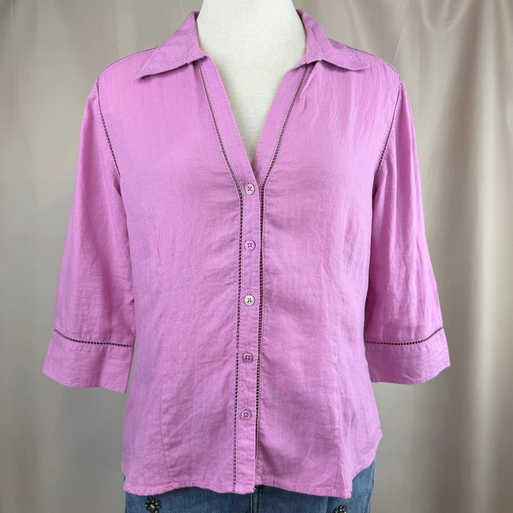 NWT EDDIE BAUER Linen (PL) Petite Button Purple 3/4 Sleeve Blouse Airy Preppy